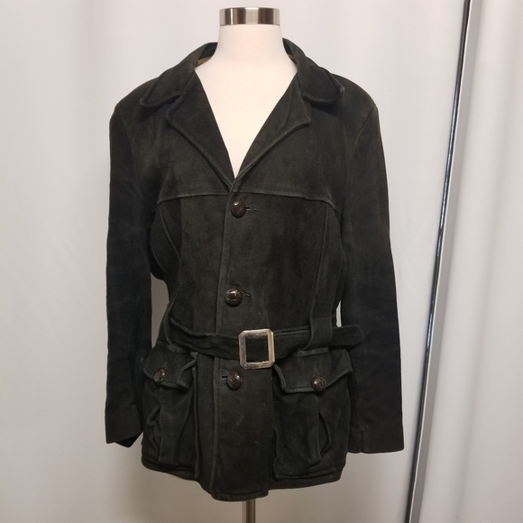 Vintage Jackets & Blazers - Vintage 50s Rancher Boho Buckskin Black Suede Leather Belted Button Down Coat Md